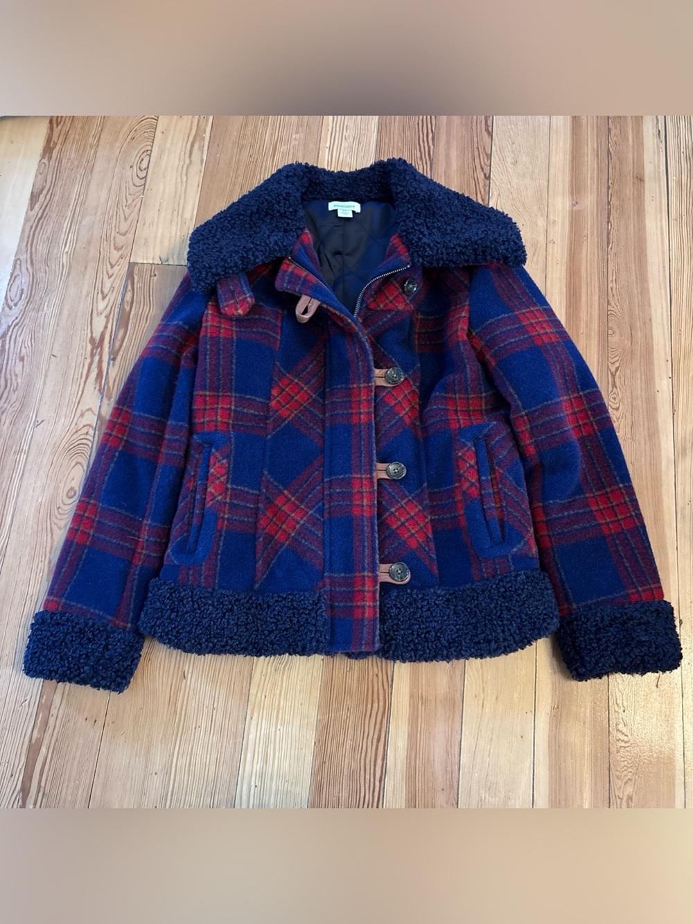 Sundance Greta Jacket Wool Blend Zip Button Plaid Print Red Blue Size XS